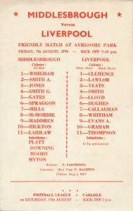 Middlesbrough v Liverpool (Friendly) 1970/1971 - single sheet football programme for sale on Ebay