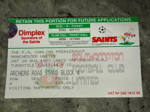 Manchester United Southampton Football Away Ticket Stub Saturday 28th Aug 1993 for sale on Ebay