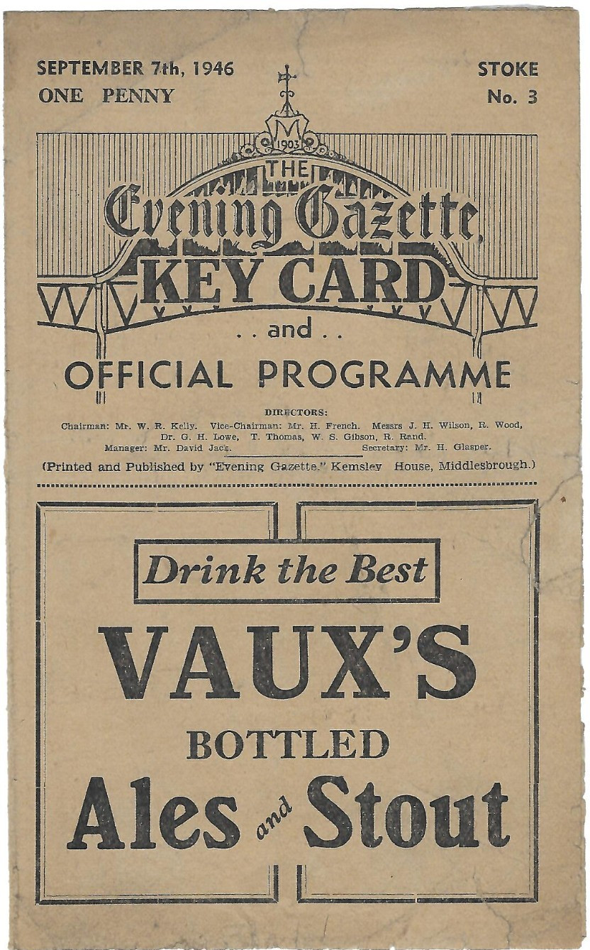 MIDDLESBROUGH V STOKE CITY  1946-47 DIV 1 SEP 7TH 1946 FIRST HOME GAME AFTER WAR for sale on Ebay