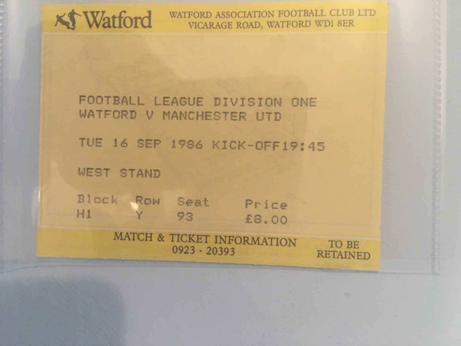 Watford v Man United 1986 ticket for sale on Ebay