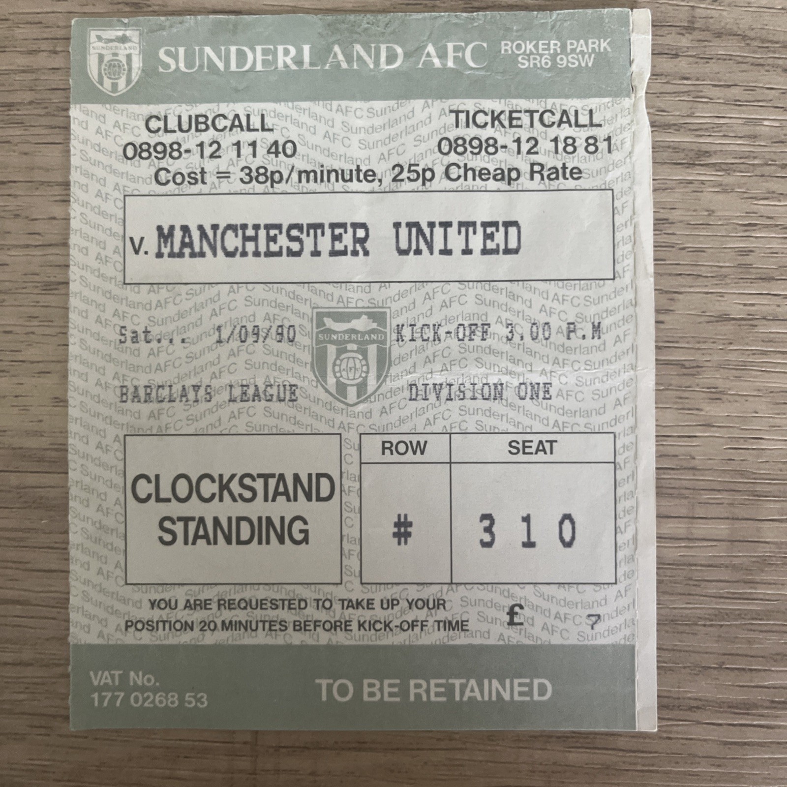 Sunderland v Manchester United Ticket 1/9/1990 for sale on Ebay