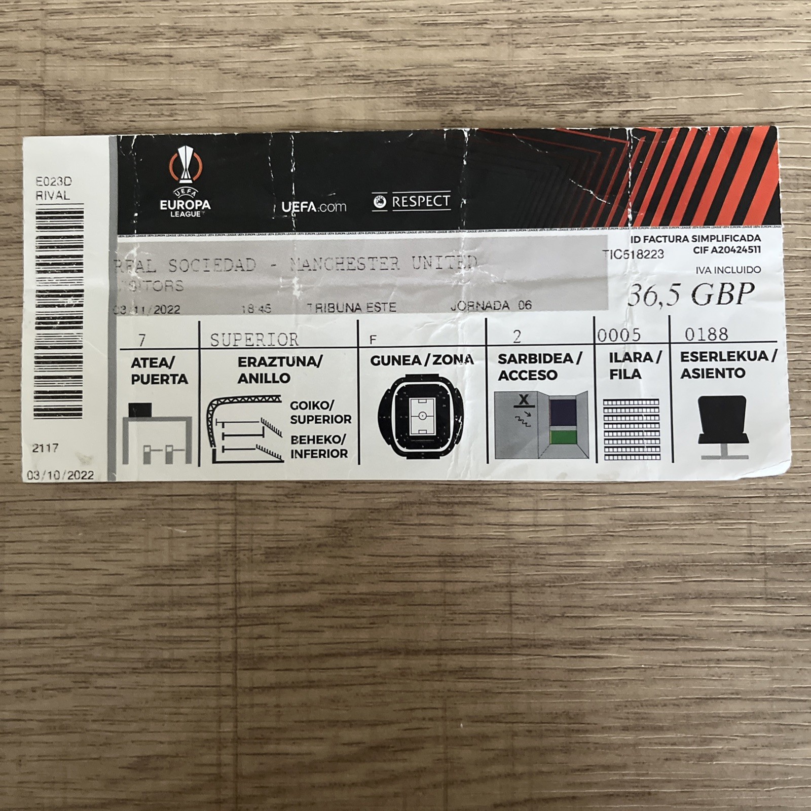 Real Sociedad v Manchester United ticket Champions League 3/11/2022 bad creases for sale on Ebay