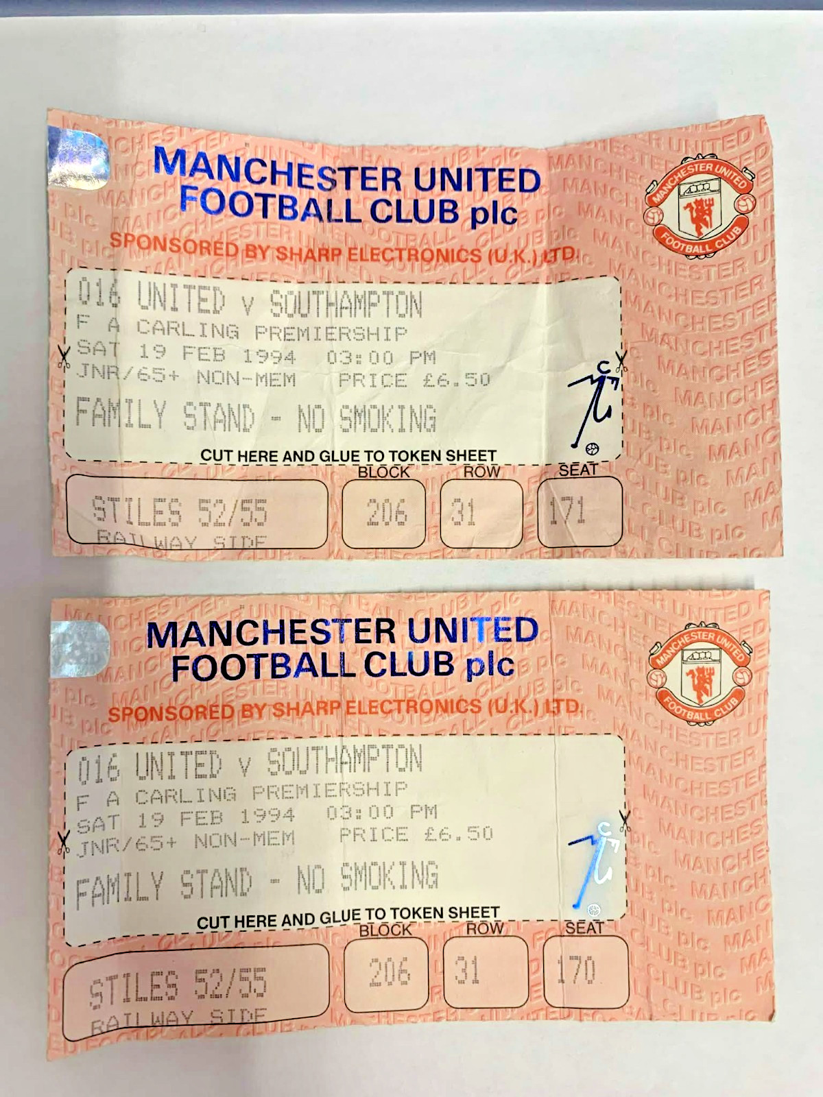93/94 - Manchester United v Southampton - 19/02/1994 Premier League Ticket Stub for sale on Ebay