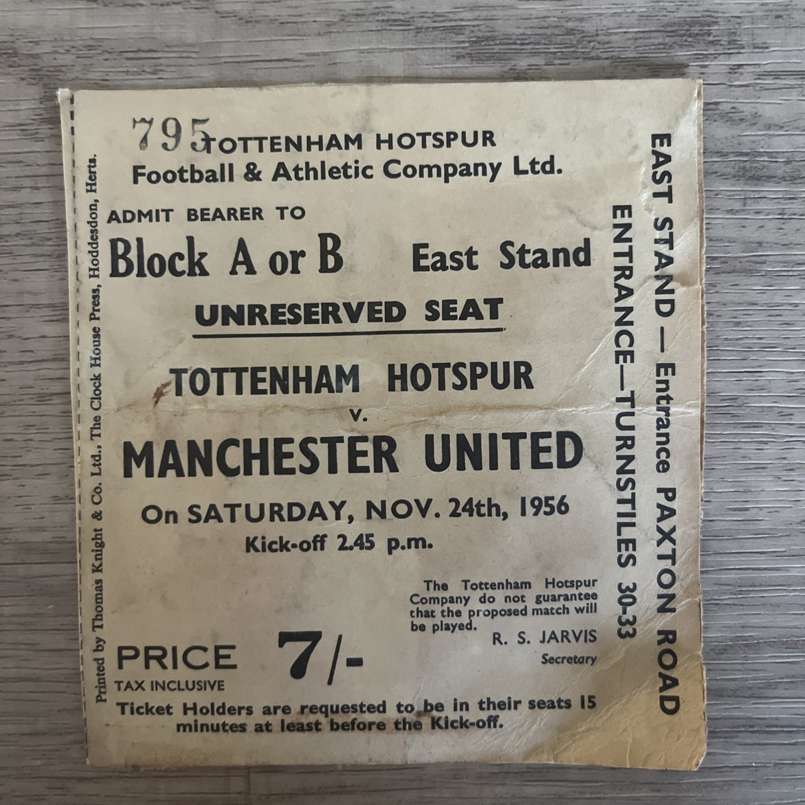 Tottenham Hotspur v Manchester United Ticket 24/11/1956 taken from scrapbook  for sale on Ebay