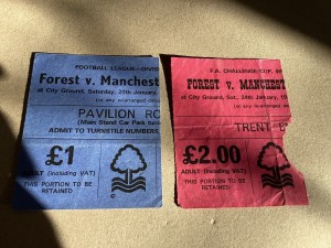 2 x ticket stubsNottingham Forest v Manchester United 1980s FACup and div 1 for sale on Ebay
