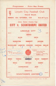 Lincoln City v Scunthorpe United (Lincs County Cup) 1959/1960 - single sheet for sale on Ebay