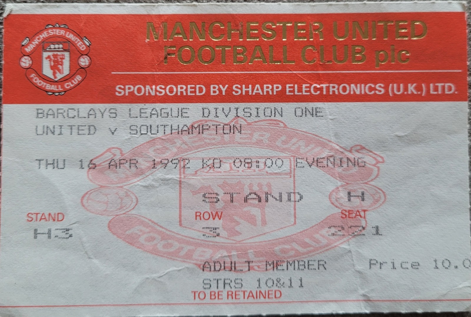 Manchester United V Southampton Ticket 1991-92 for sale on Ebay