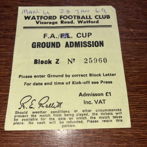 Watford V Man United F.A.Cup 1969 ticket voucher, Manchester end Block z rare  for sale on Ebay