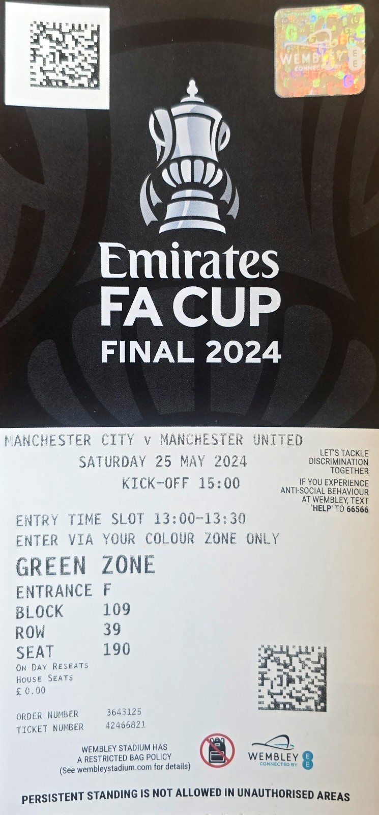 2024 FA CUP FINAL TICKET. MANCHESTER CITY V MANCHESTER UNITED. for sale on Ebay