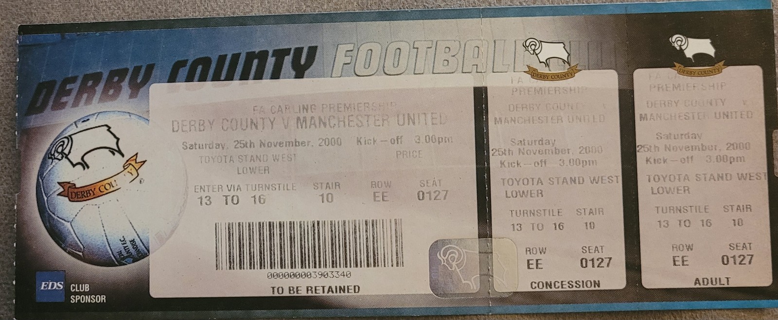 Derby County V Manchester United Unused Ticket 2000-01 for sale on Ebay