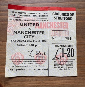 Manchester United ticket stub home game against Manchester City 1980  for sale on Ebay