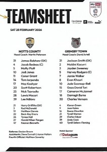 Notts County V Grimsby Town Official Teamsheet 28/02/2026 for sale on Ebay