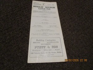 RUISLIP MANOR  v  FULHAM CENTRAL OLD BOYS  1953/4   AFA SENIOR CUP  OCT 3  derby for sale on Ebay