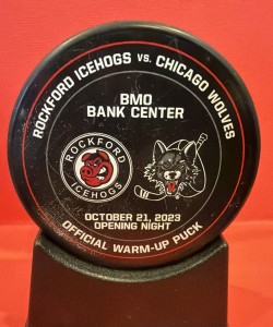Ice Hogs Vs Wolves Match Up Puck Opening Night Warm Up Puck 2023 BMO Bank for sale on Ebay