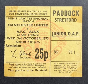 1973 - Denis Law testimonial - Man United v AJAX - Match Ticket - 52 years old for sale on Ebay