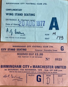 TWO TICKETS…BIRMINGHAM CITY v MANCHESTER UNITED…1977 and 1978..TWO TICKETS for sale on Ebay