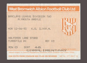 West Bromwich Albion v Plymouth Argyle 1992-1993 Division Two Ticket 12/04/1993 for sale on Ebay