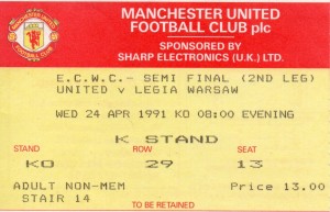 Match Ticket, Manchester United v Legia Warsaw ECWC Semi, 2nd Leg 1991 for sale on Ebay