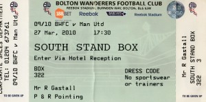 BOLTON WANDERES V MANCHESTER UNITED 27/3/2010  PL  USED TICKET for sale on Ebay