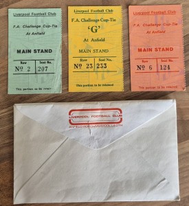 3 x Liverpool home ticket stubs for FA Cup ties & Liverpool FC envelop for sale on Ebay