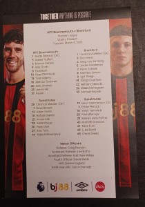 AFC BOURNEMOUTH v   BRENTFORD TEAM SHEET 3RD MARCH 2026 for sale on Ebay