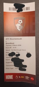 AFC BOURNEMOUTH v BRENTFORD TICKET STUB 3RD MARCH 2026 for sale on Ebay