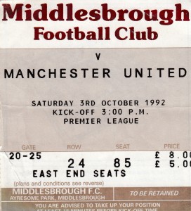 MIDDLESBROUGH V MANCHESTER UNITED 3/10/1992 PL USED TICKET for sale on Ebay