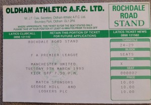 Oldham Athletic V Manchester United Ticket 1992-93 for sale on Ebay