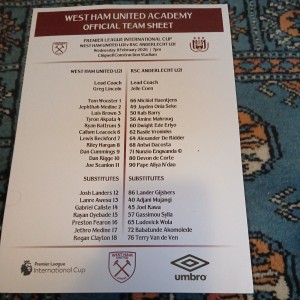 West Ham u21s v RSC ANDERLECHT u21s PL Cup Official Team Sheet 11/2/26 for sale on Ebay