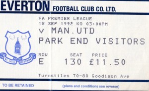 EVERTON  V MANCHESTER UNITED 12/9/1992 PL USED TICKET for sale on Ebay