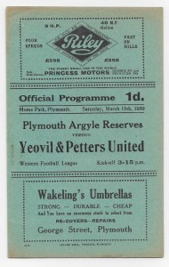 1929/30 Western League - PLYMOUTH ARGYLE Reserves v. YEOVIL & PETTERS UNITED for sale on Ebay