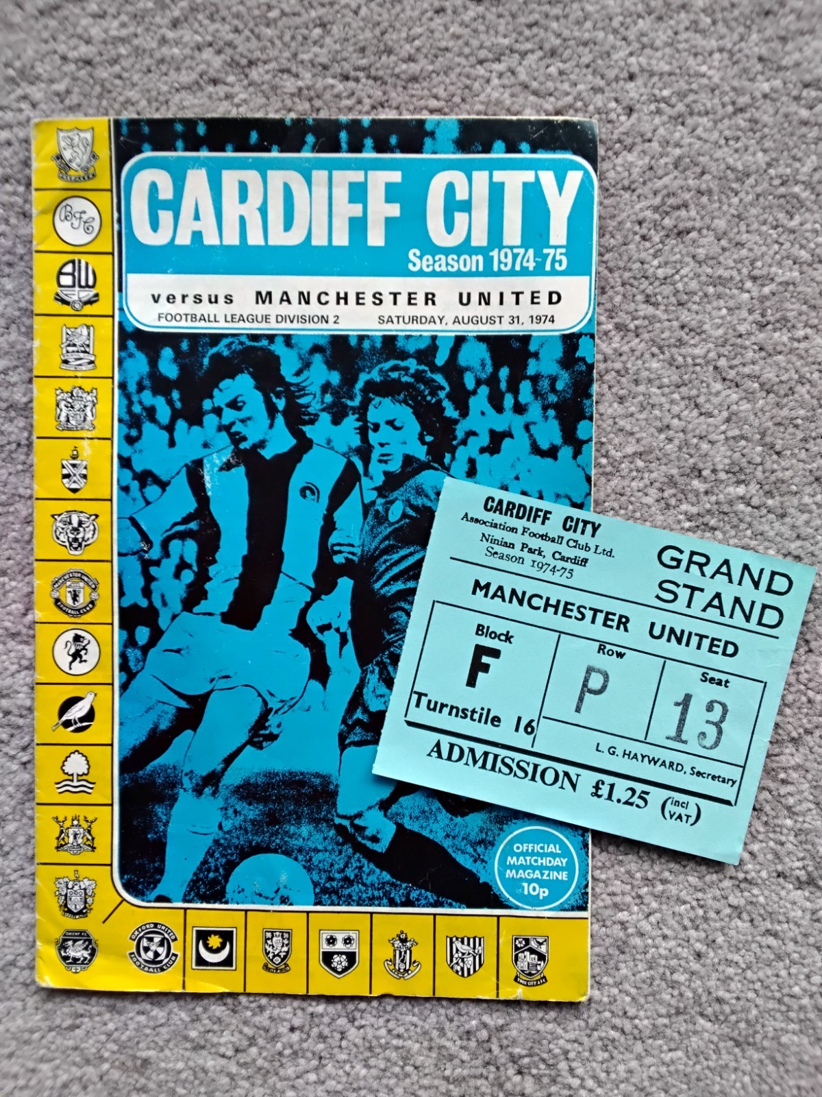Cardiff City v Manchester United, league div 2, 31/8/74, programme + ticket for sale on Ebay