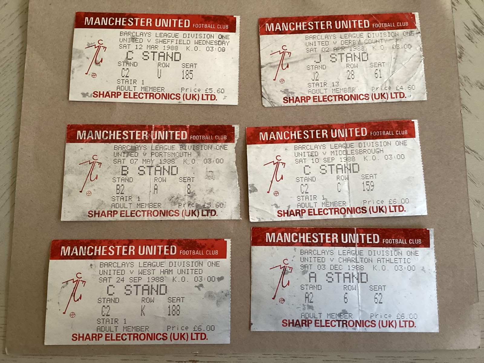6 x Manchester United Home Tickets Stubs 1987/8 and 88/9 Division 1 for sale on Ebay