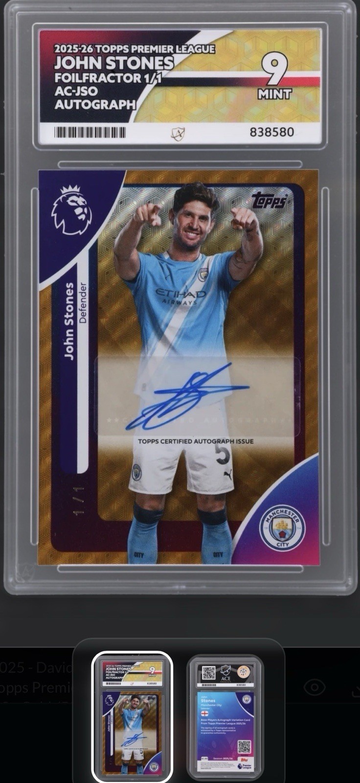 John Stones Topps 1/1 Ace Graded 9 Manchester City for sale on Ebay