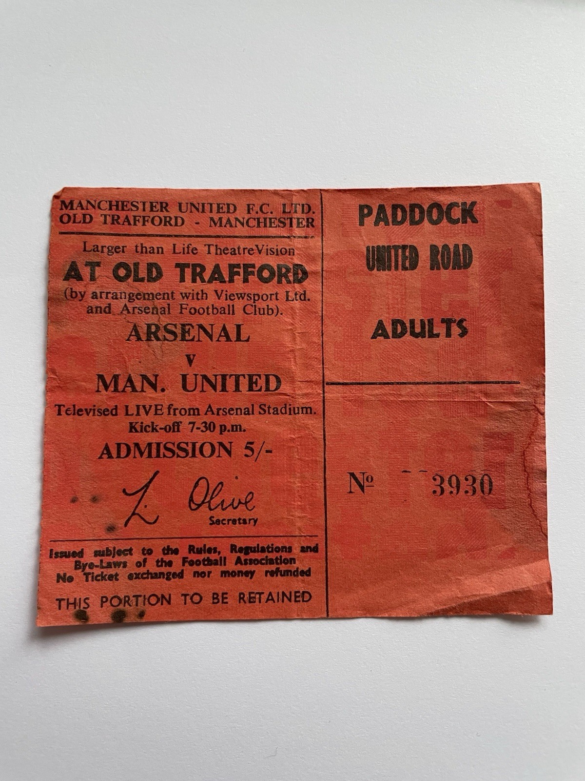 Mar 3rd 1967 Arsenal Manchester United CCTV Televised Game Old Trafford Ticket. for sale on Ebay