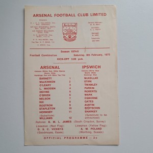 ARSENAL RESERVES V. IPSWICH - 8.2.75 FOOTBALL COMBINATION for sale on Ebay