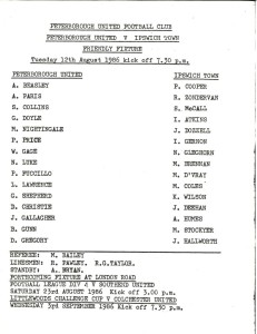 Peterborough  United v Ipswich Town, Friendly -12 August 1986 - single sheet for sale on Ebay