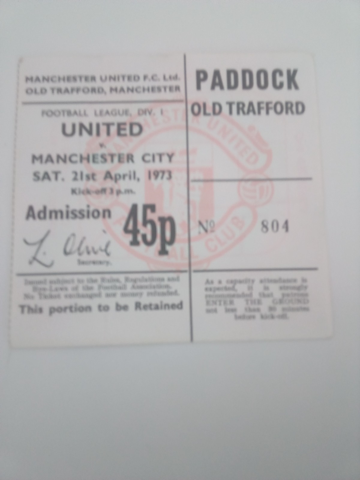 Manchester United v Manchester City 1972/3 Paddock ticket for sale on Ebay
