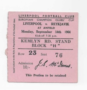 Ticket 1964/65 European Cup - LIVERPOOL v. KR REYKJAVIK for sale on Ebay