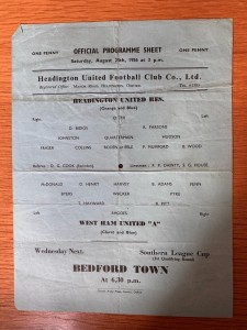 Headington United Reserves Vs West Ham “A” Team Sheet 25/8/1956 for sale on Ebay