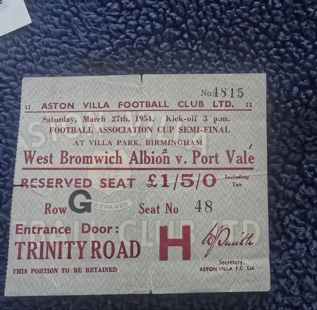 West Bromwich v Port Vale 1954 FA Cup Semi-Final Ticket for sale on Ebay