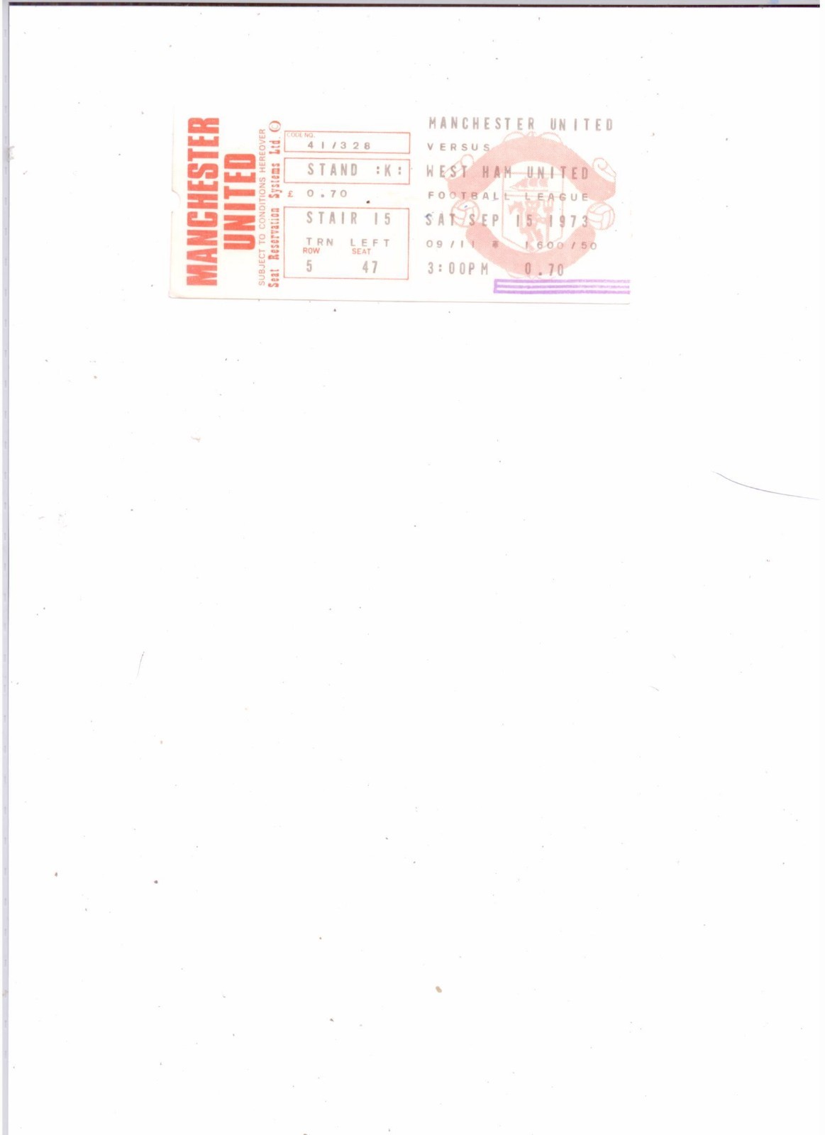 1973/74 - MANCHESTER UNITED v WEST HAM UNITED (TICKET STUB) for sale on Ebay