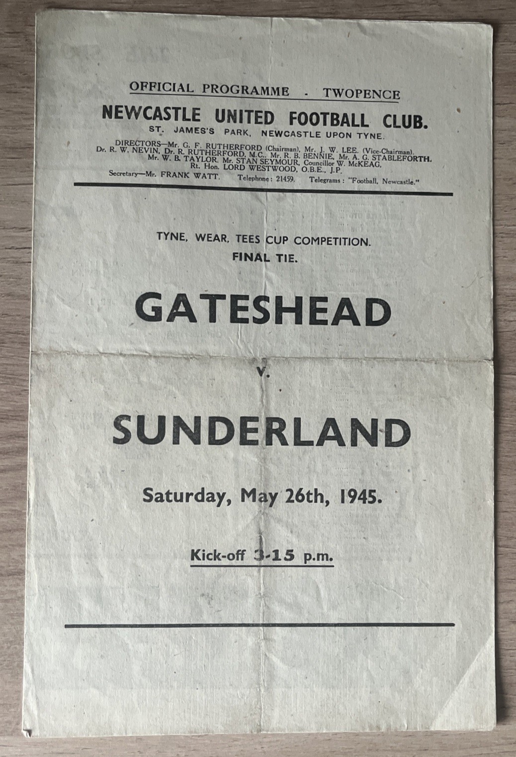 Gateshead v Sunderland 26/5/1945 TWT Cup Final at Newcastle United  for sale on Ebay