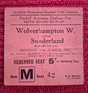 Wolves v Sunderland TICKET.  15/3/1937  FA Cup 2nd Replay at Sheffield Wednesday for sale on Ebay