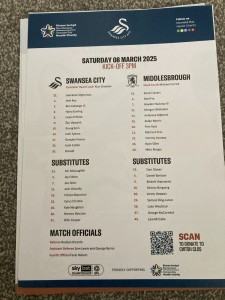 Swansea City v Middlesborough official teamsheet 08/03/25 for sale on Ebay