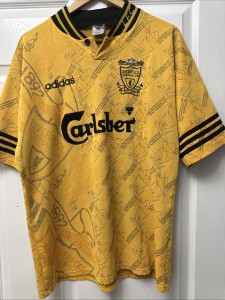 Liverpool Vintage Gold Carlsberg Football Top Size Large With Imperfections for sale on Ebay