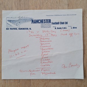 MANCHESTER UNITED V. STOKE 13.5.67 HANDWRITTEN (BY MATT BUSBY) PLAYERS TEAMSHEET for sale on Ebay