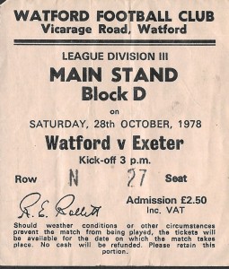 Watford v Exeter. Ticket Stub. Division 3. 78-79 for sale on Ebay