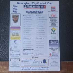 Teamsheet Birmingham City V Wimbledon 2001 / 2002 League Division One  for sale on Ebay