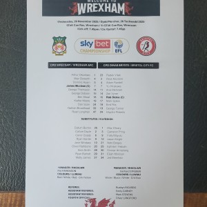 Teamsheet Wrexham v Bristol City 2025 / 2026 Championship  for sale on Ebay